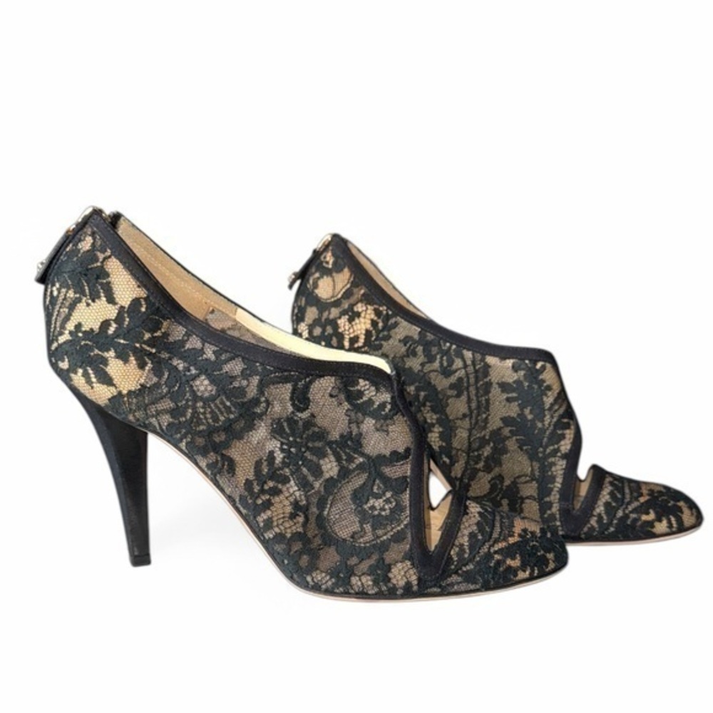 Oscar de la Renta Black Lace Mesh Runway Heels | Vampy Floral Bootie Pumps 6.5